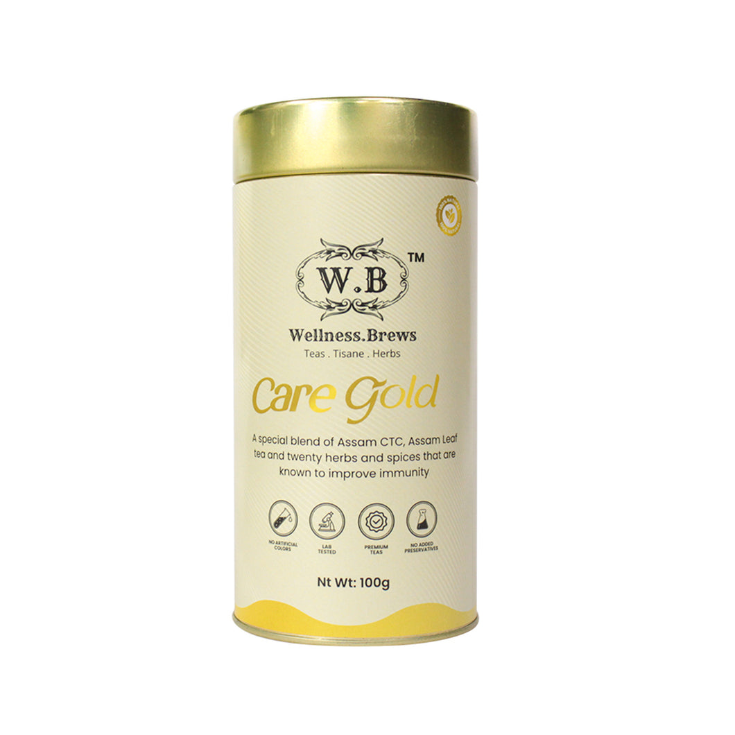WB Care gold, premium Assam tea with twenty ayurvedic herbs and spices to boost immunity